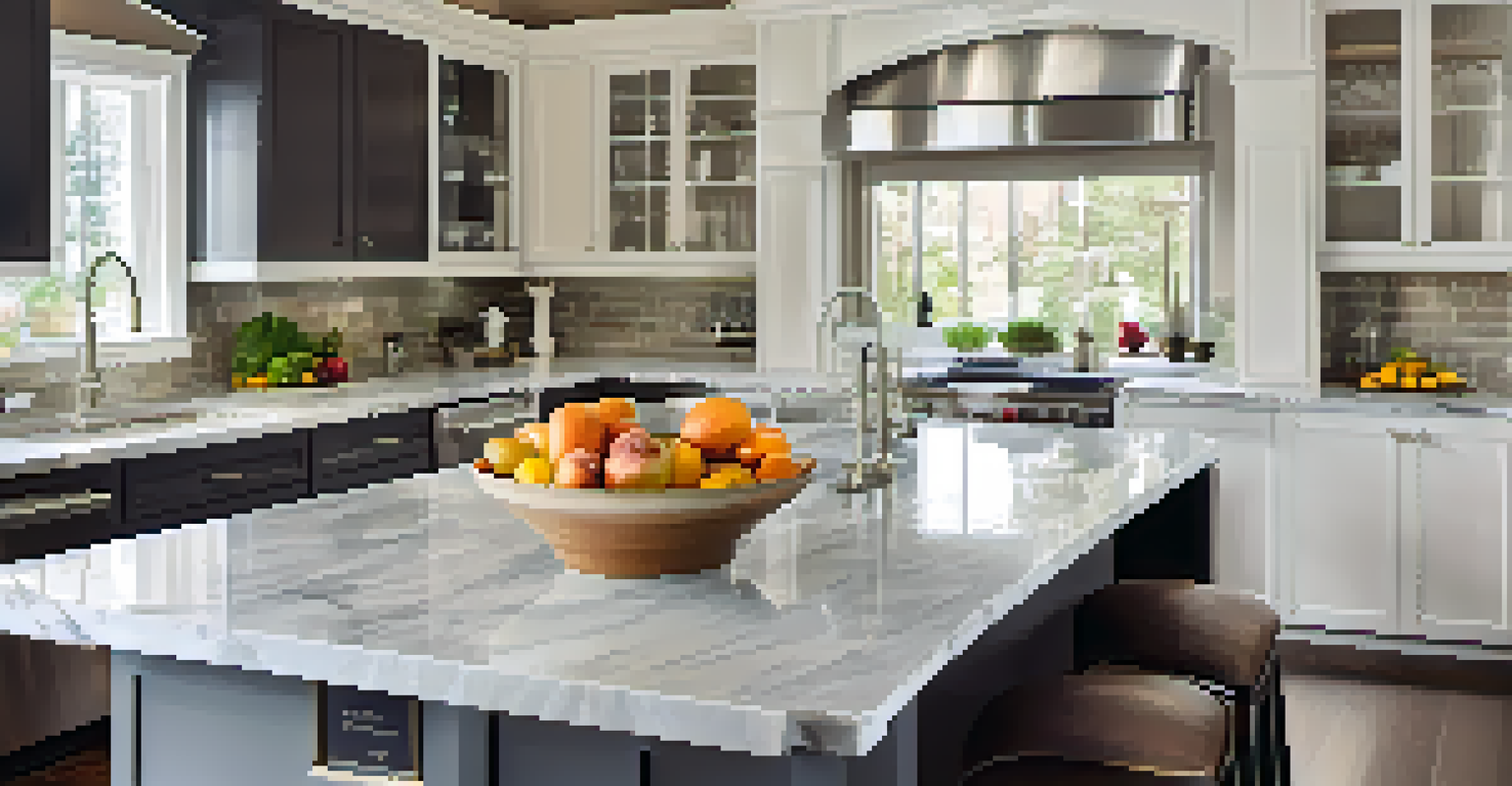 A modern gourmet kitchen with marble countertops and high-end appliances.