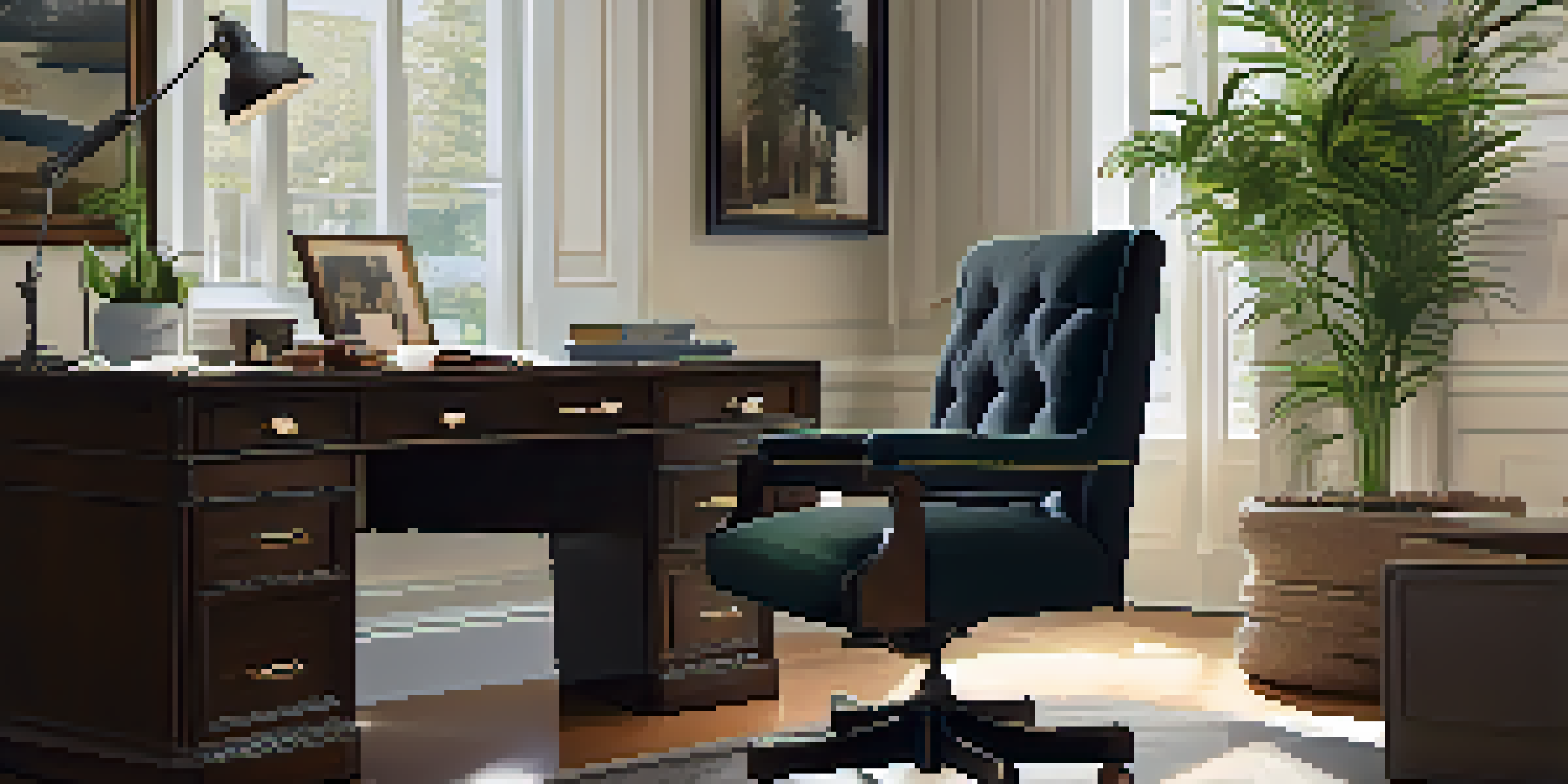 A cozy home office with a luxurious desk, elegant stationery, an indoor plant, and soft natural light.