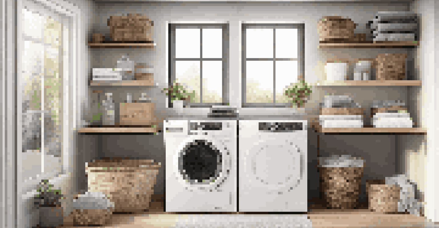 A bright laundry room featuring a contemporary Energy Star washing machine, organized with eco-friendly laundry supplies.