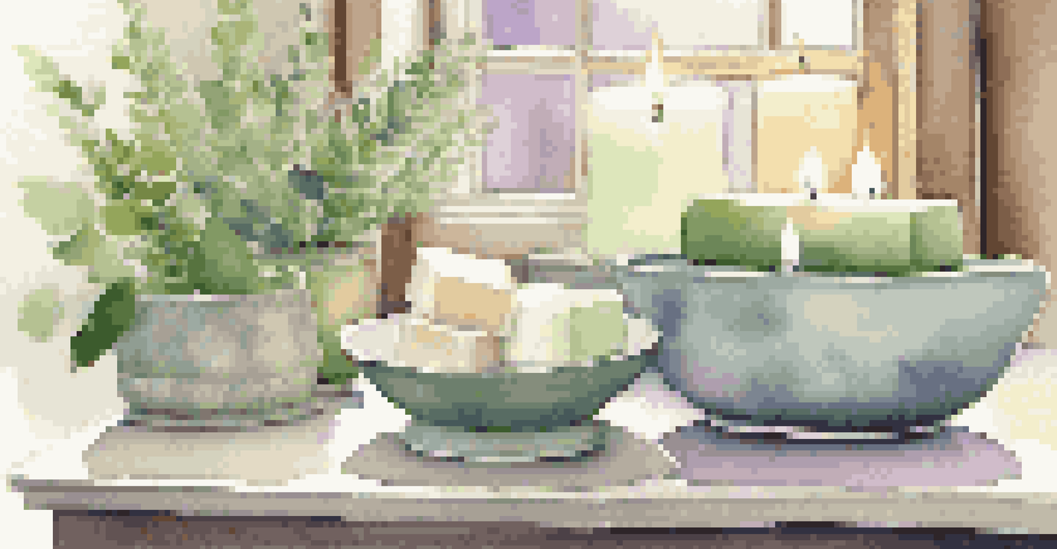 A tranquil bathroom scene with artisanal soaps in a dish, surrounded by pebbles and plants.
