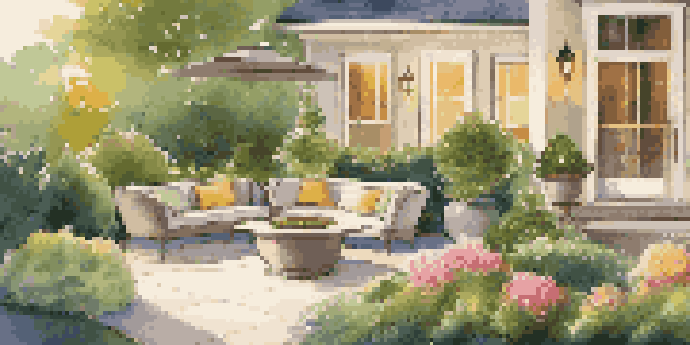 A vibrant garden with luxury gardening gadgets, including smart planters and decorative solar lights, under golden sunlight.