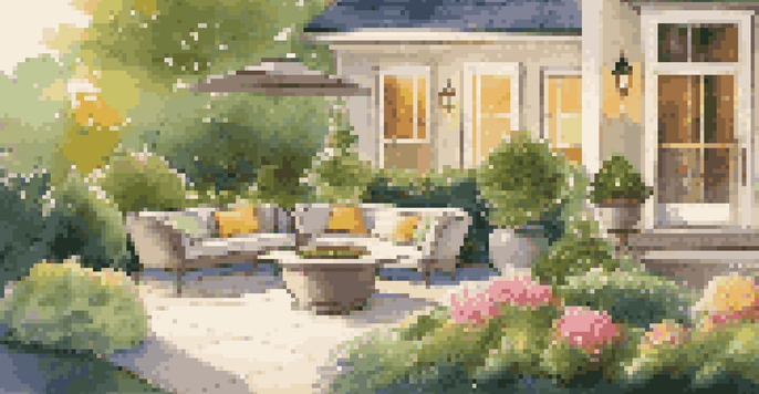 A vibrant garden with luxury gardening gadgets, including smart planters and decorative solar lights, under golden sunlight.