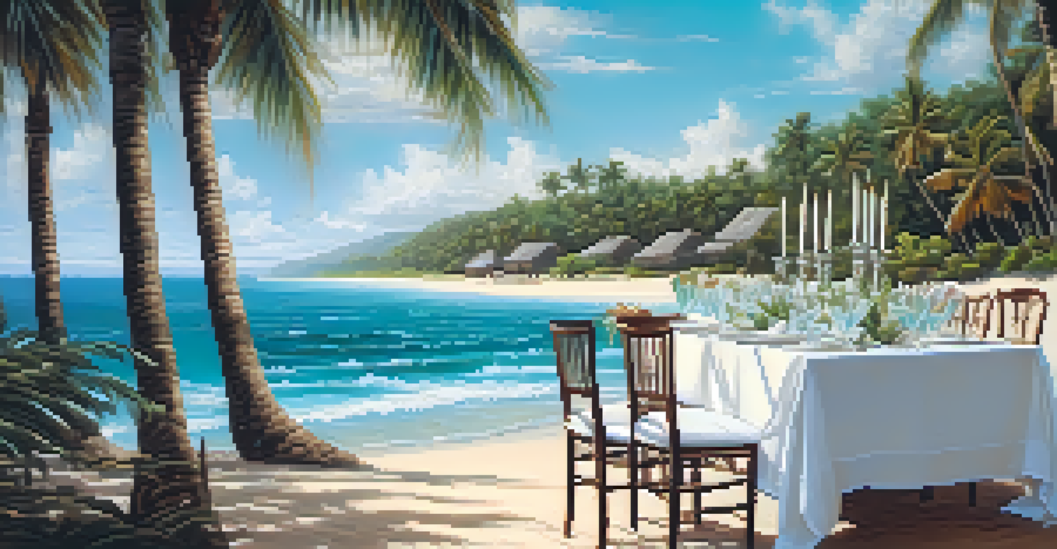 A luxurious beach dining experience with a set table on the sand, overlooking the ocean.