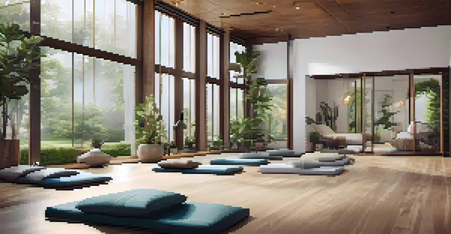 A serene meditation area in a luxury fitness center with cushions and natural decor, where people are participating in a mindfulness session.