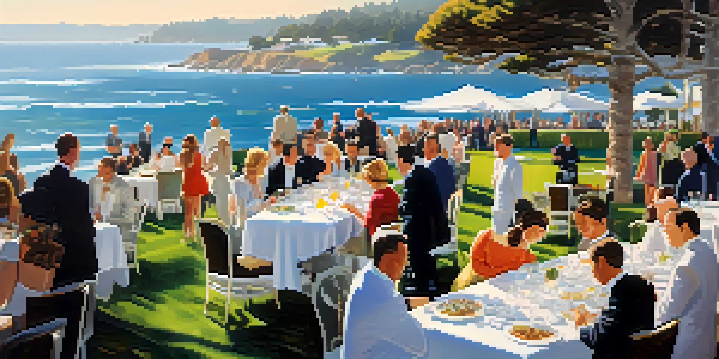 An outdoor food and wine festival at Pebble Beach, featuring gourmet dishes and luxury cars in a beautiful setting with coastal views.