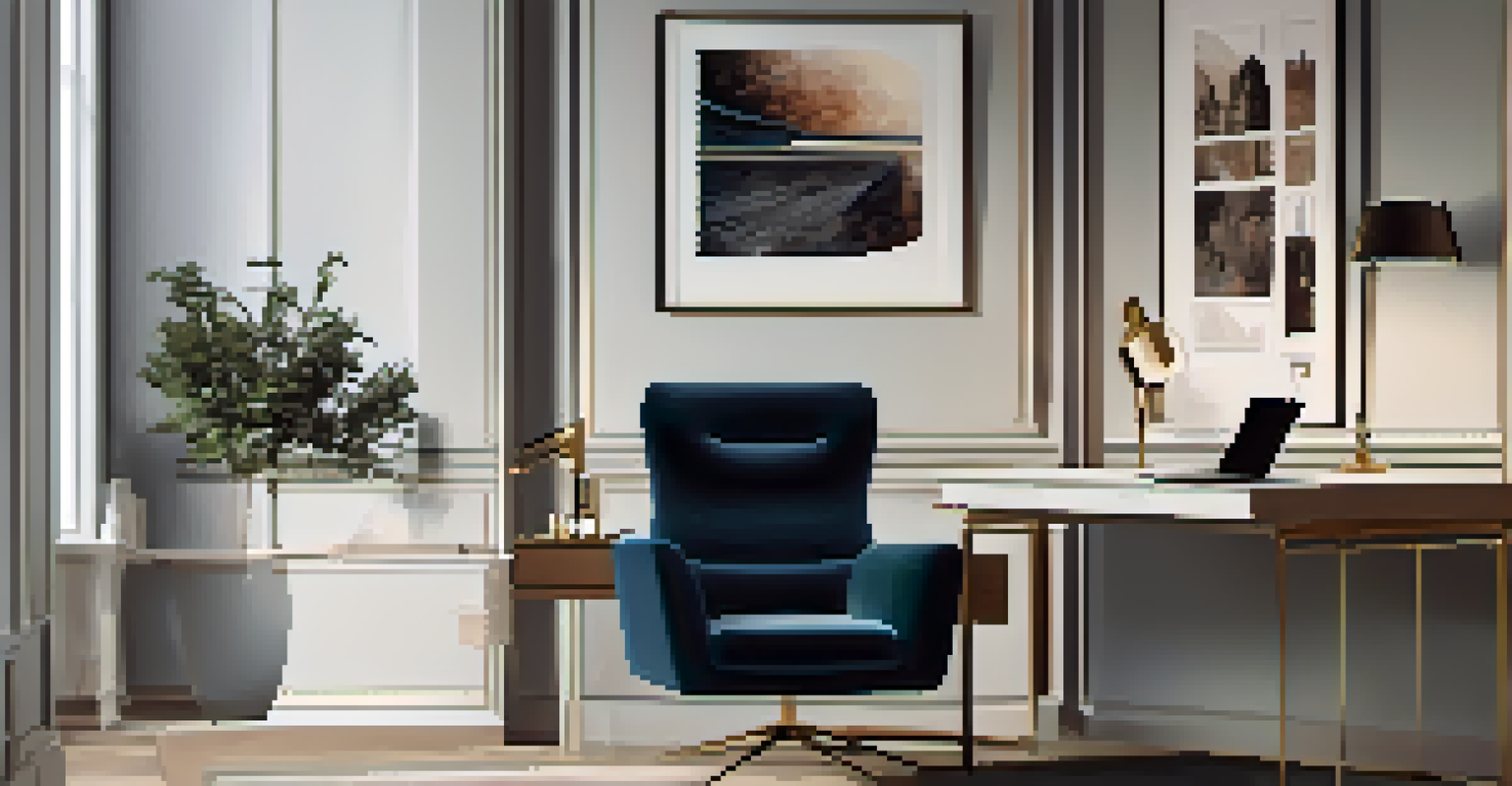 An elegant home office with a velvet chair, desk lamp, and minimalist decor, featuring a stylish desk organizer.