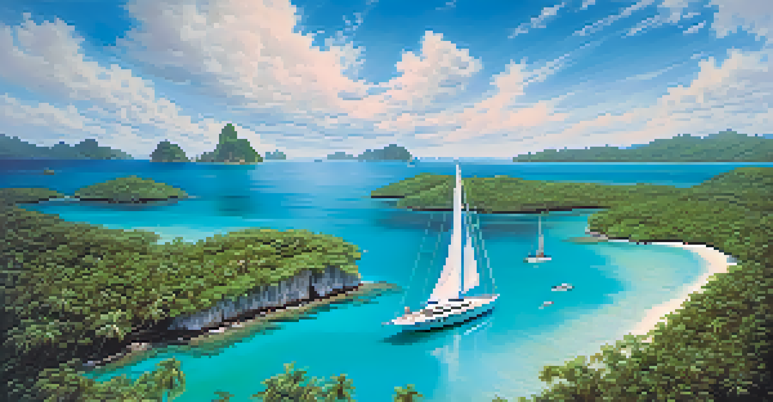 A private yacht sailing in turquoise waters, with crew on deck preparing a meal, surrounded by beautiful islands.