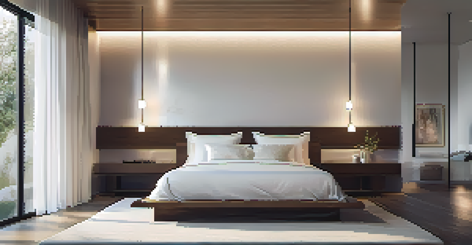 A modern bedroom with a glossy wall finish, cool lighting, and a minimalist wooden bed.