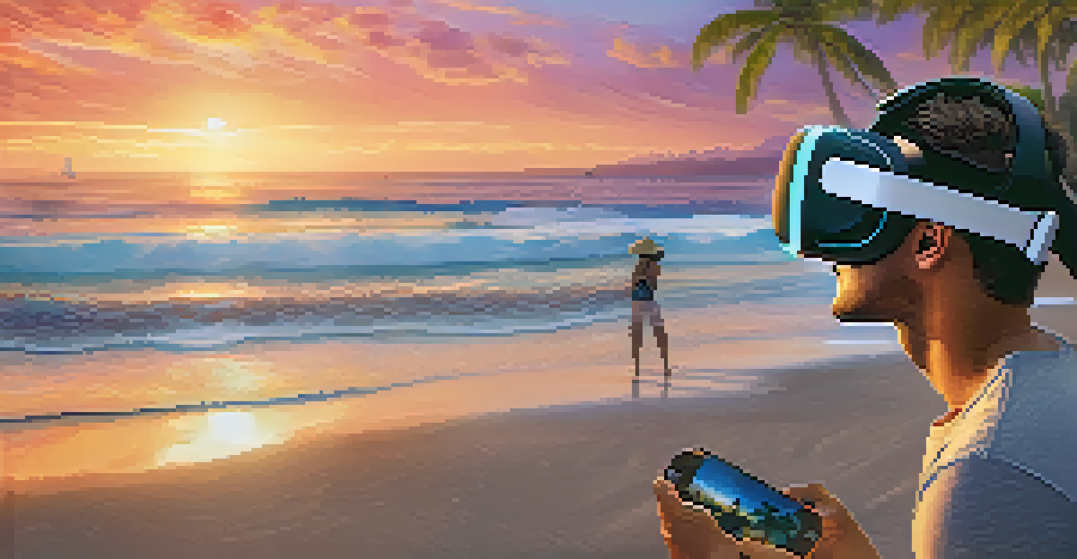 A traveler in a virtual reality setup, wearing a headset and exploring a beautiful beach in Bali during sunset, with palm trees and waves in the background.