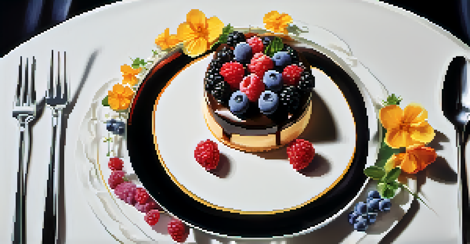 A stunning dessert featuring a delicate pastry topped with fresh berries and edible flowers, set against a dark background.