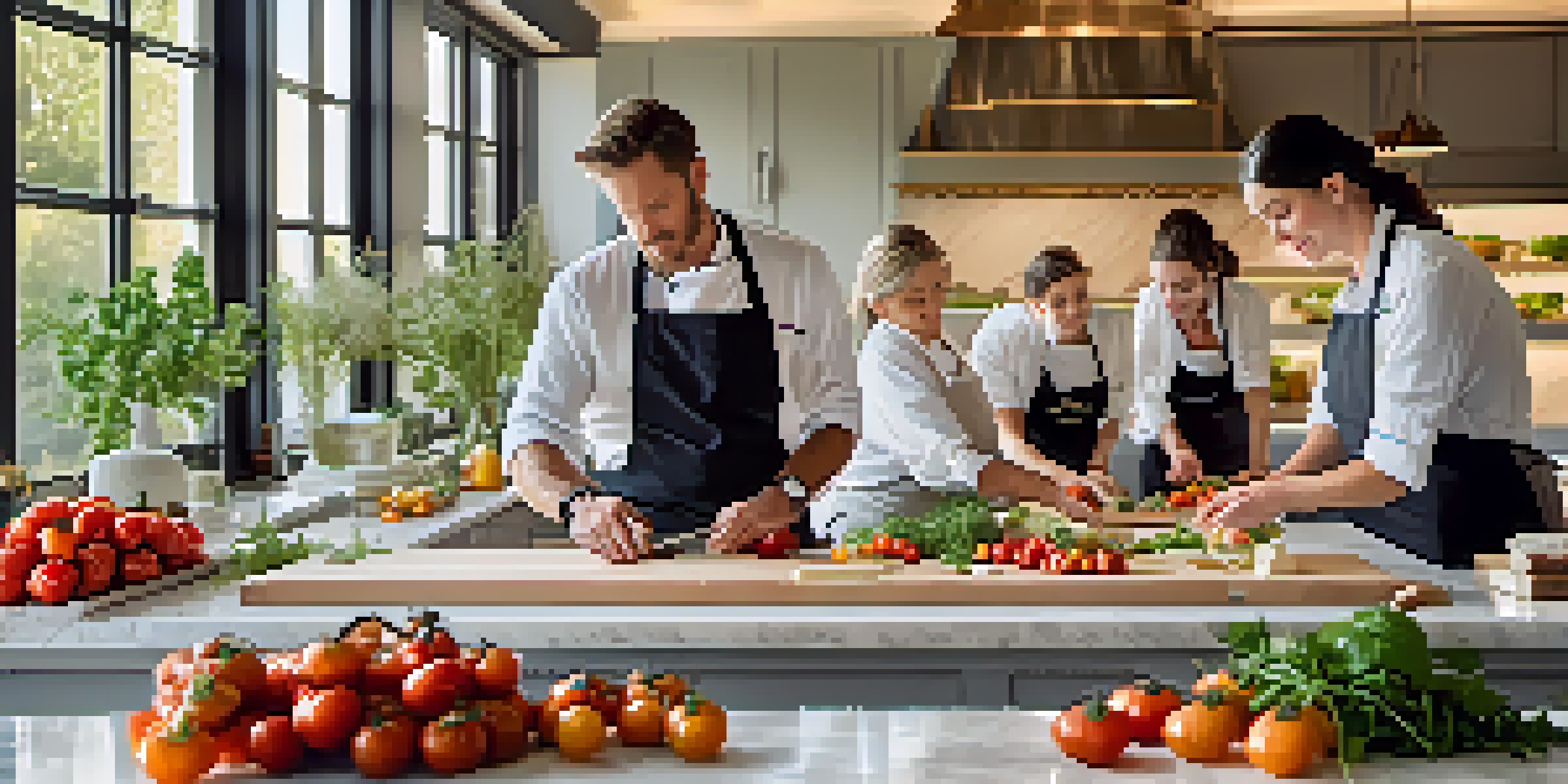 A luxurious cooking class with vibrant ingredients and a chef demonstrating plating techniques in a bright kitchen.
