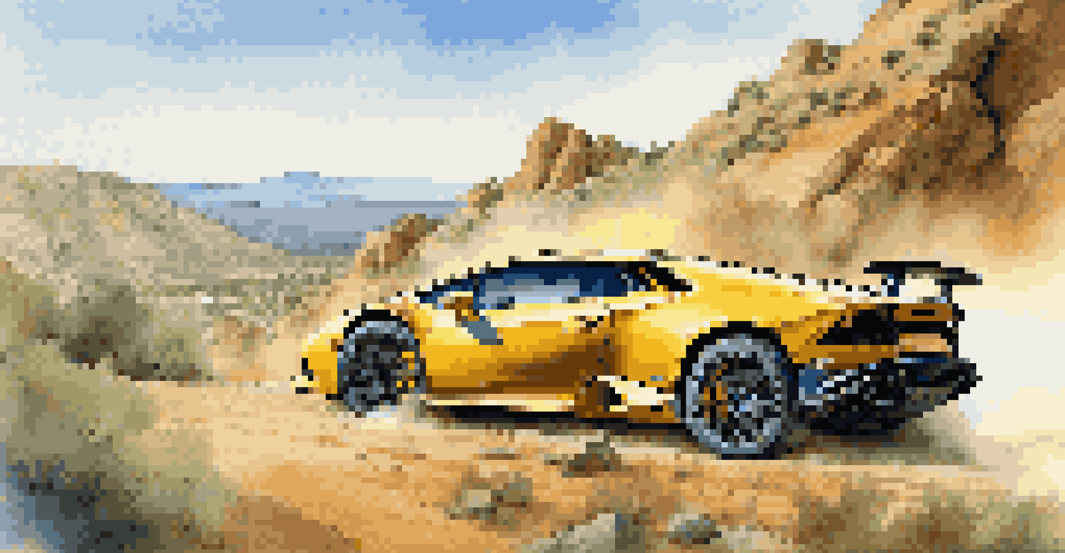 A yellow Lamborghini Huracán Sterrato driving off-road in a rocky mountain landscape, creating a cloud of dust.