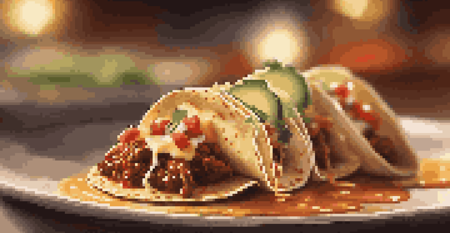 A close-up of a taco being drizzled with chipotle aioli, set against a blurred upscale dining backdrop.