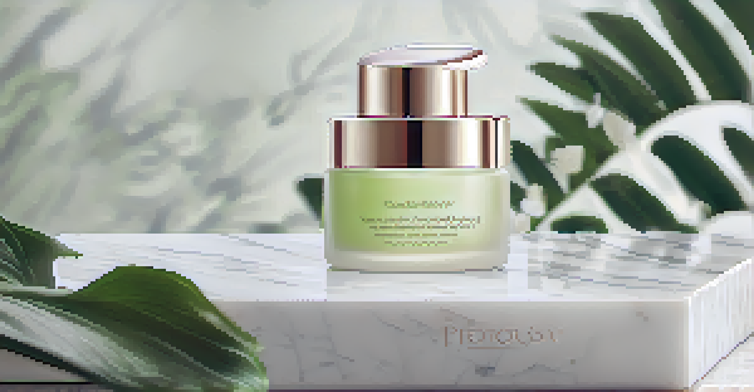 A close-up of a luxury skincare product on a marble countertop, surrounded by green leaves and soft light, evoking a spa-like atmosphere.