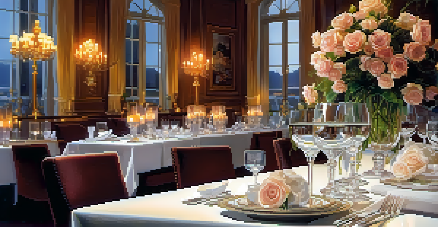 A fine dining table with elegant settings and a waiter serving a guest in a luxury hotel.