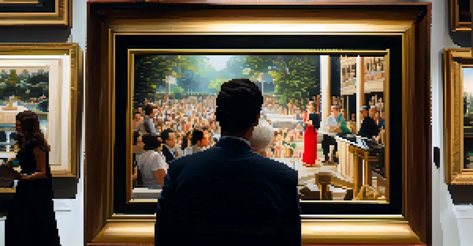 Close-up of a vibrant painting at an art auction, highlighting the brushwork and texture with blurred bidders in the background.