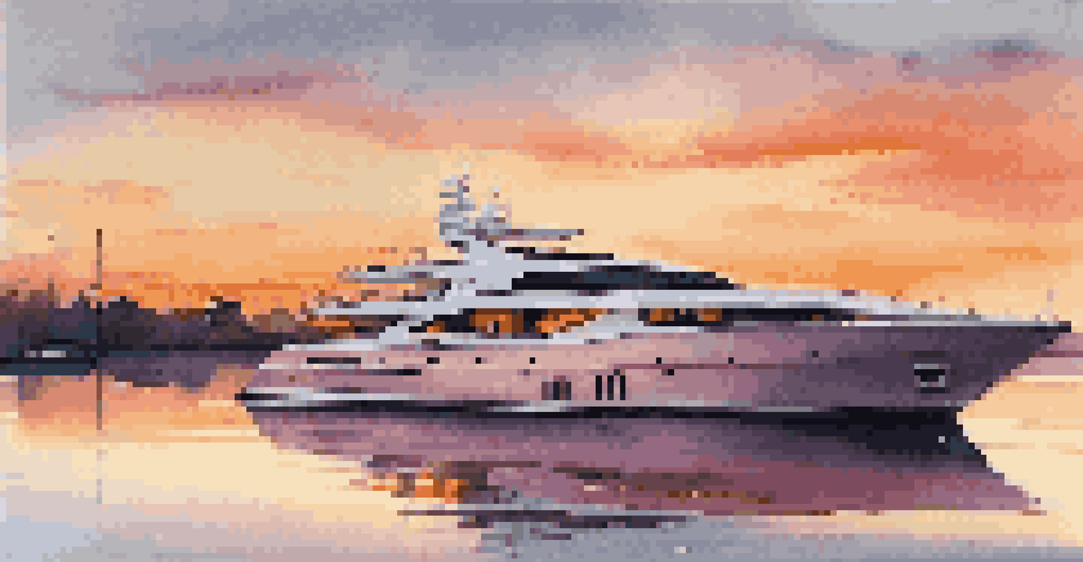 A luxury yacht anchored in a marina at sunset, showcasing its sleek design and tranquil surroundings.