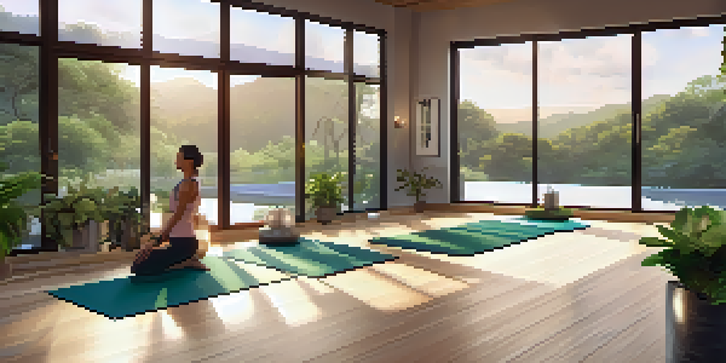 A peaceful yoga practice in a luxury fitness studio, featuring ambient lighting and a view of nature.