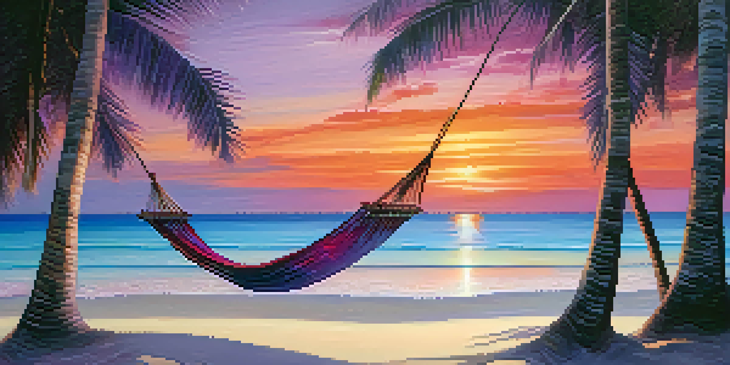 A beautiful sunset over the calm beaches of the Maldives, featuring white sands and a hammock amidst palm trees.