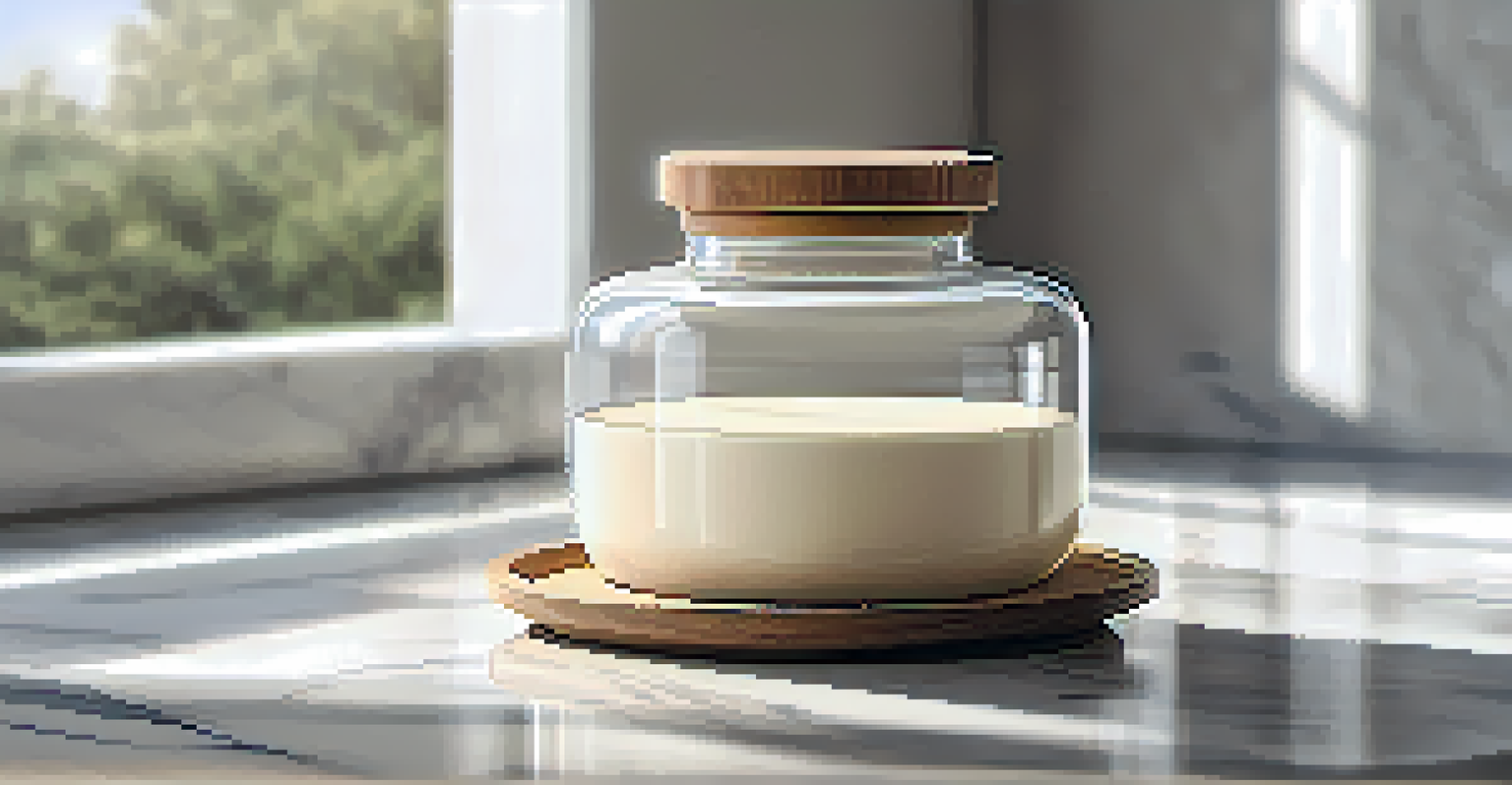 A reusable glass container of luxurious cream on a marble countertop, with sunlight highlighting its features.