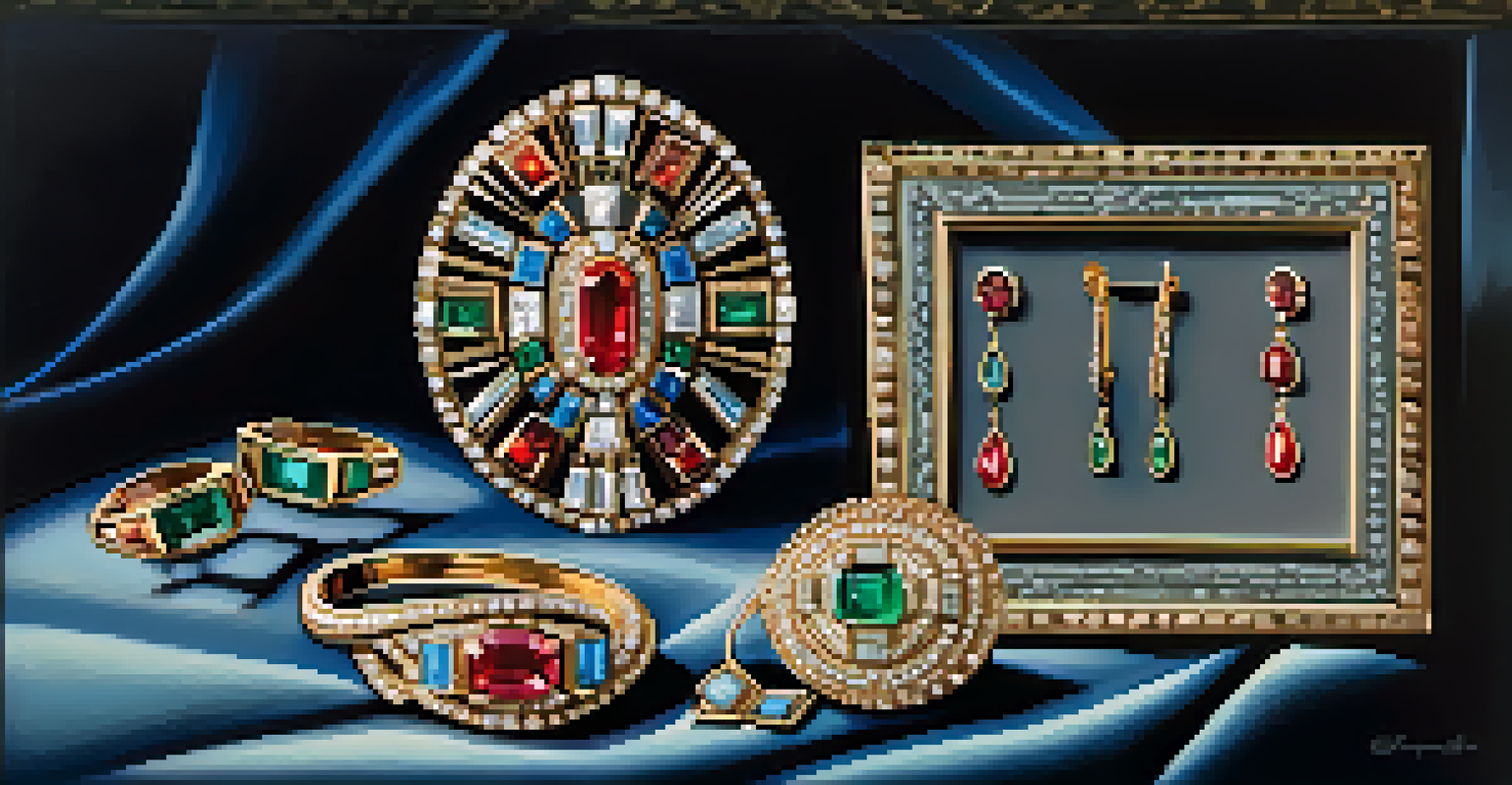 A vintage Art Deco jewelry set on velvet, showcasing a necklace and earrings with sparkling gems.