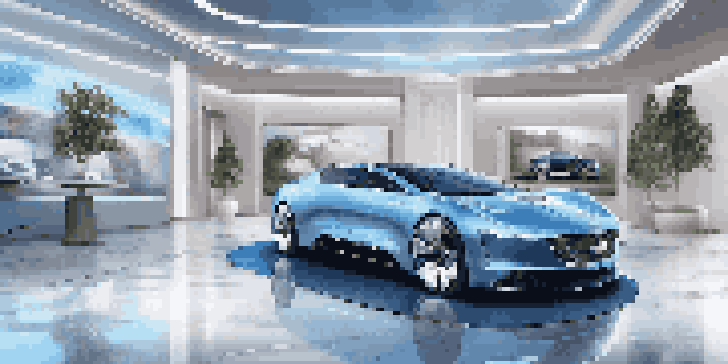 A modern digital showroom with a futuristic luxury car in the center, surrounded by virtual screens and soft lighting.