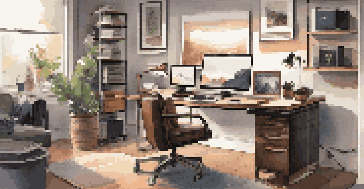 A modern home office with high-end gadgets, a large monitor, and stylish organizers, illuminated by smart bulbs.