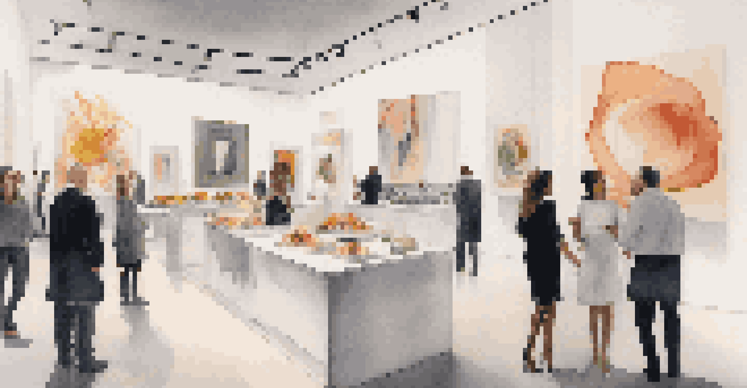 A luxury event in a modern art gallery with guests engaging with augmented reality installations and a chef preparing food.