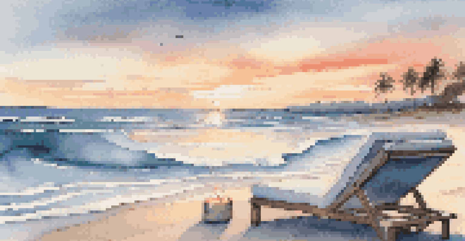 A beachside spa at sunset with lounge chairs and a bonfire on the shore.