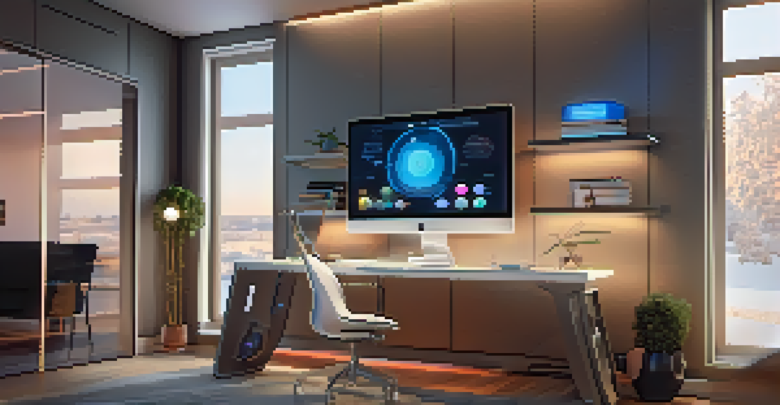 A futuristic home office with smart lighting that changes dynamically, featuring a minimalist design and a large screen.
