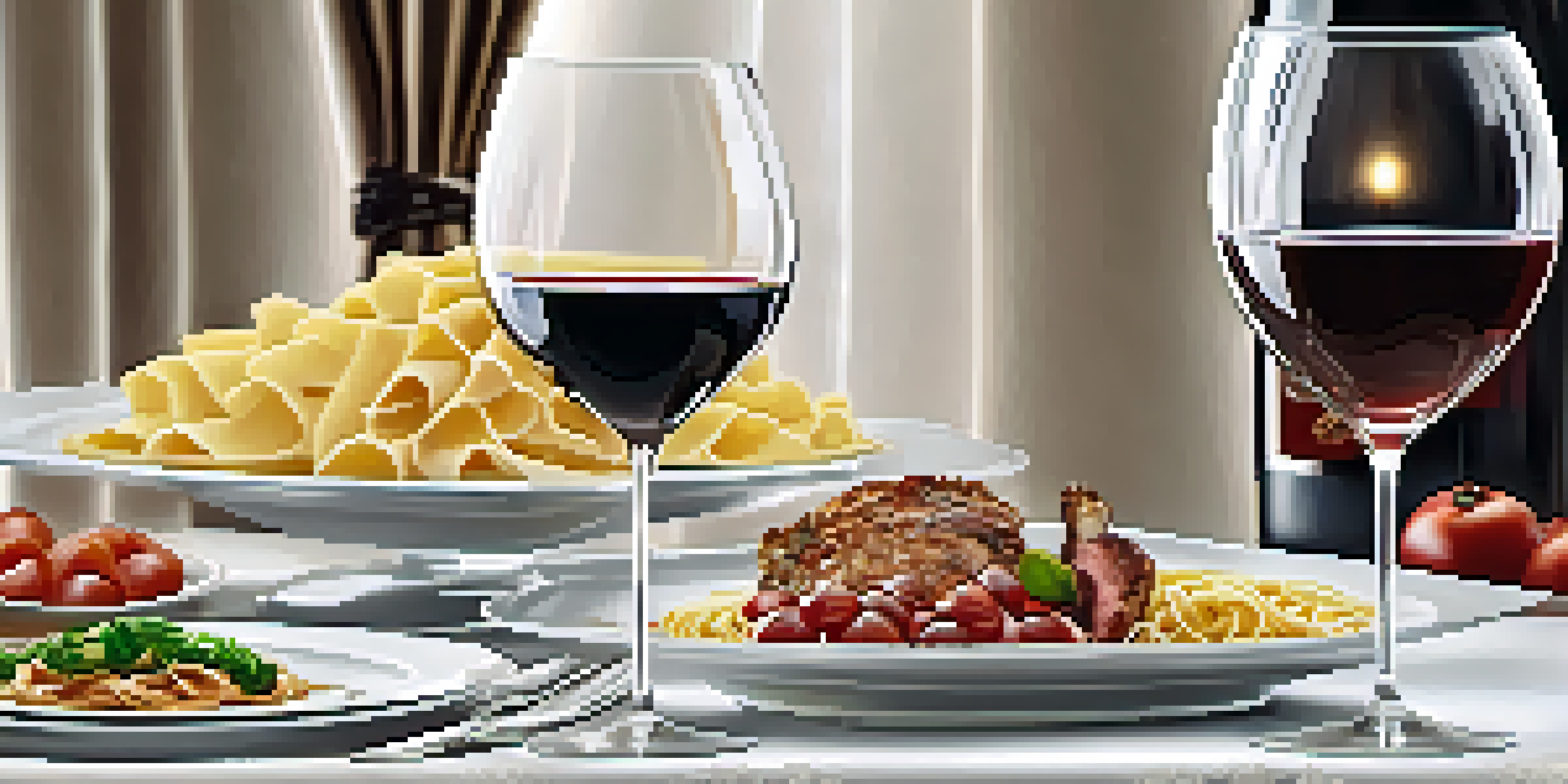A luxurious dining table set with gourmet dishes and elegant wine glasses, illuminated by soft lighting.