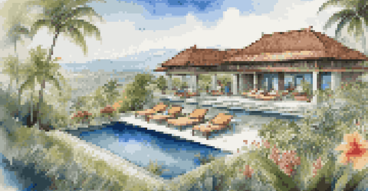 Luxurious villa in Bali with volunteers working on community projects and enjoying spa treatments, surrounded by rice terraces.