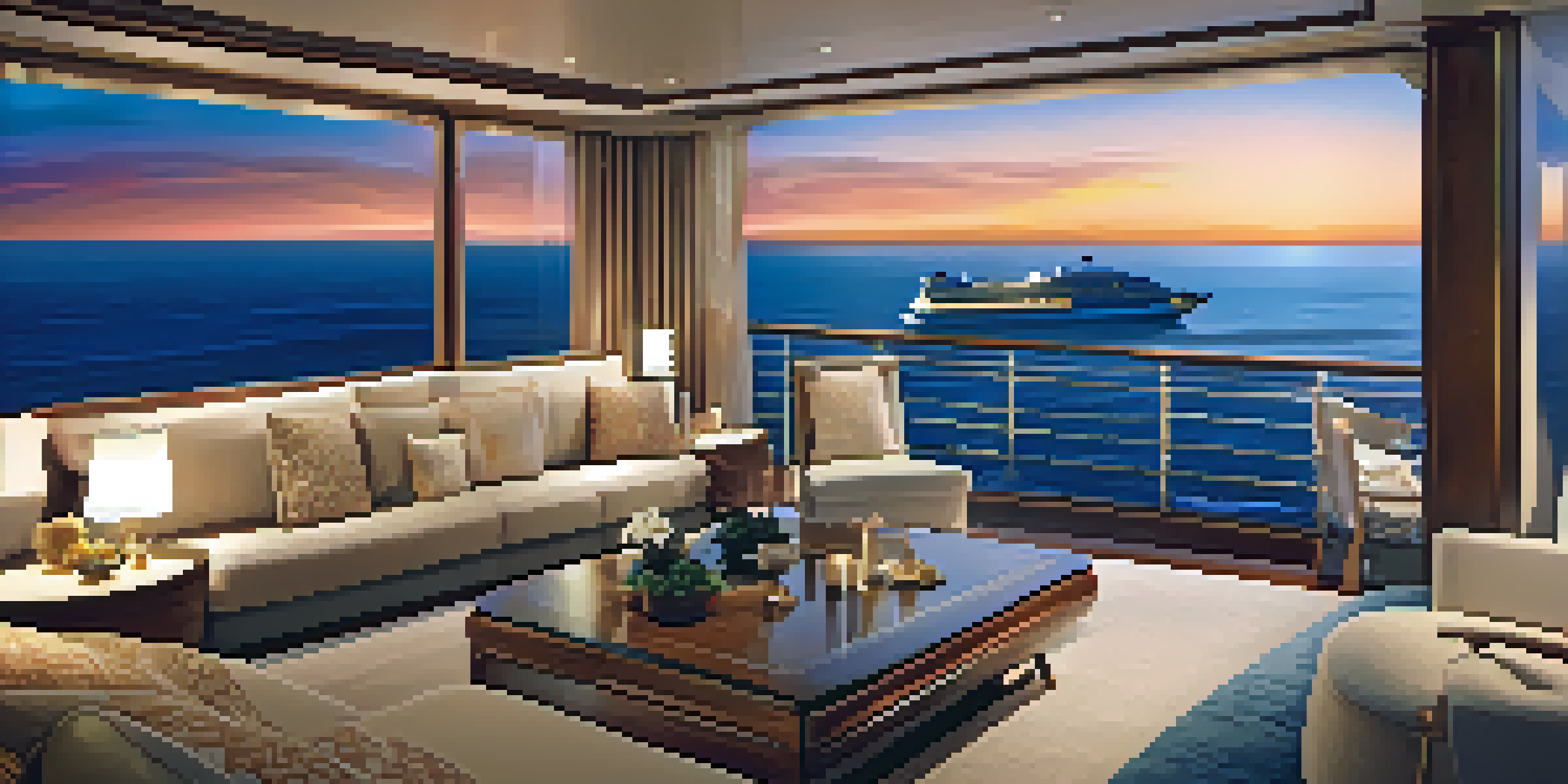 A luxurious cruise suite showcasing an oceanfront balcony with lounge chairs and sunset views, elegantly decorated interior.