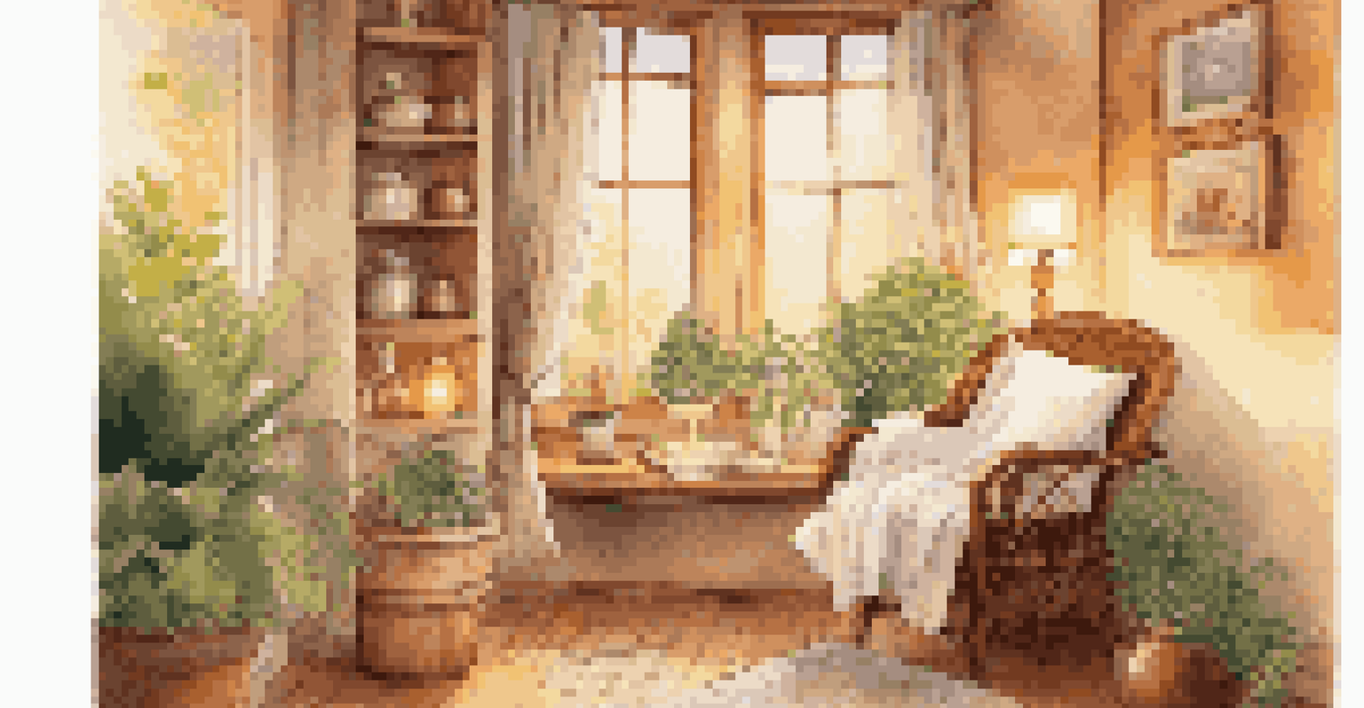 A cozy home spa corner with a bathrobe, tea, and candlelight.