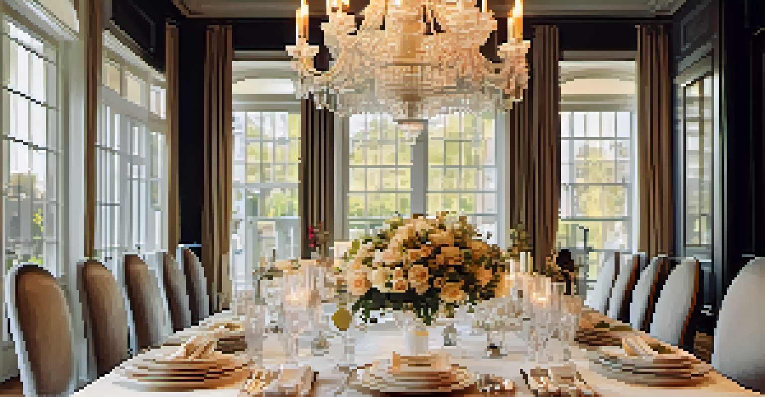 A beautifully set dining table for a lavish dinner party with fine china, crystal glassware, and floral arrangements, illuminated by soft candlelight.