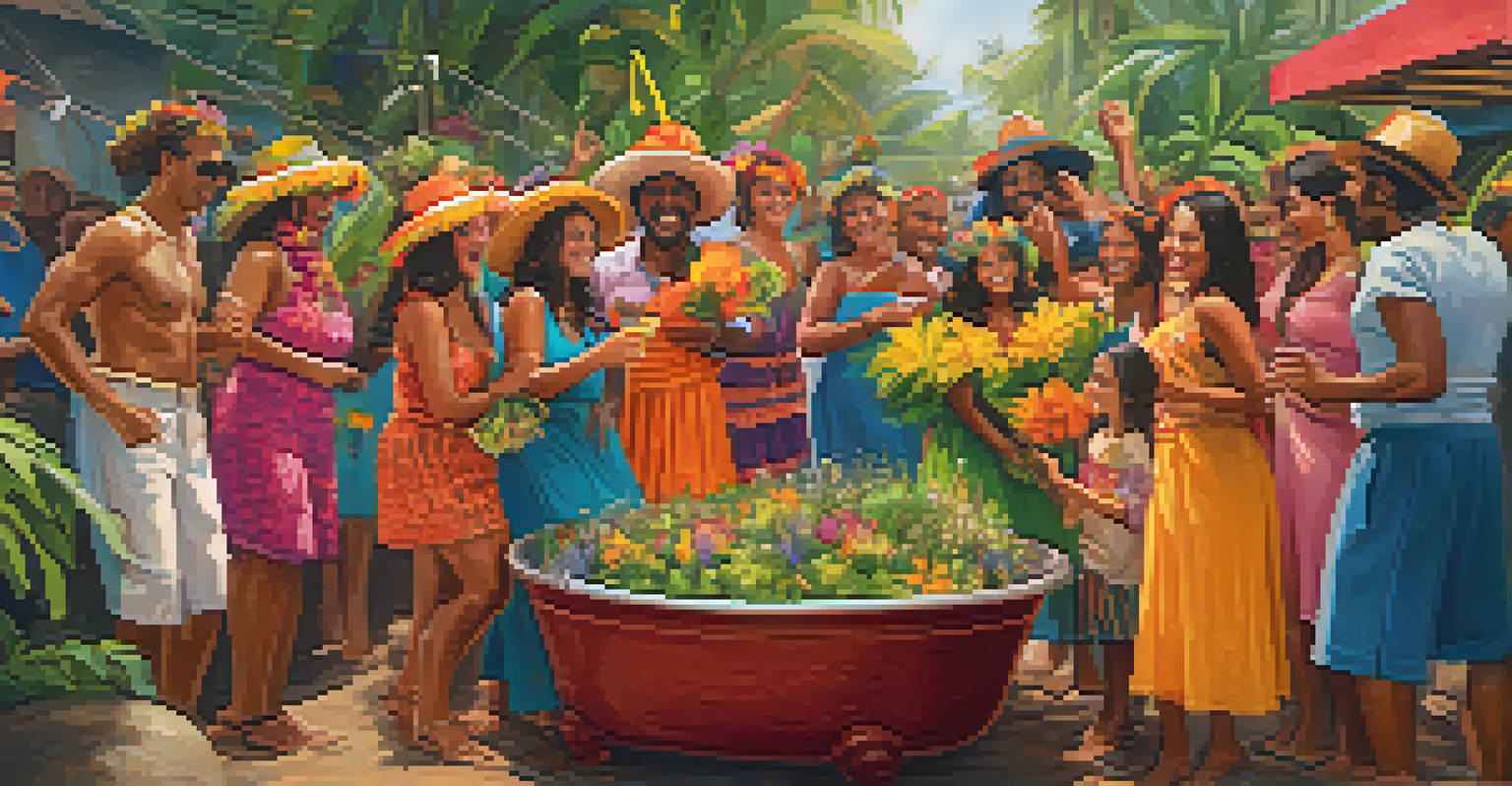 A lively Brazilian banho celebration with friends enjoying herbs and flowers in a tub.