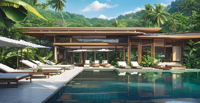 A luxurious eco-friendly resort in a rainforest with solar panels and a swimming pool, surrounded by tropical plants.