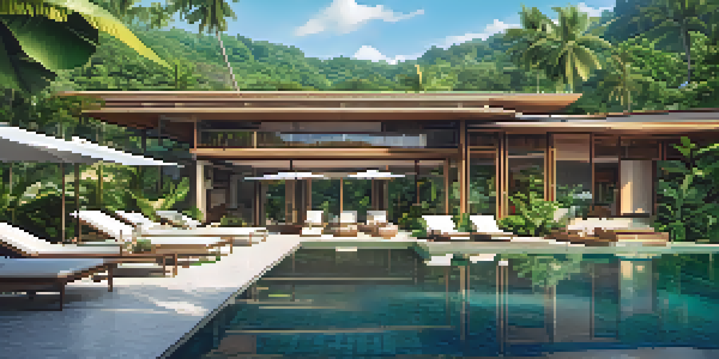 A luxurious eco-friendly resort in a rainforest with solar panels and a swimming pool, surrounded by tropical plants.