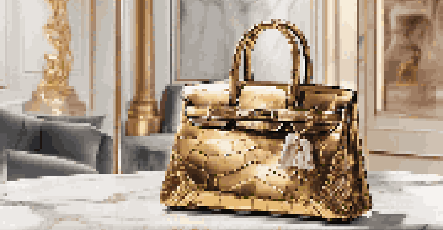 A close-up of a luxury handbag on a marble table, with an influencer's hand showcasing its details in a designer boutique.