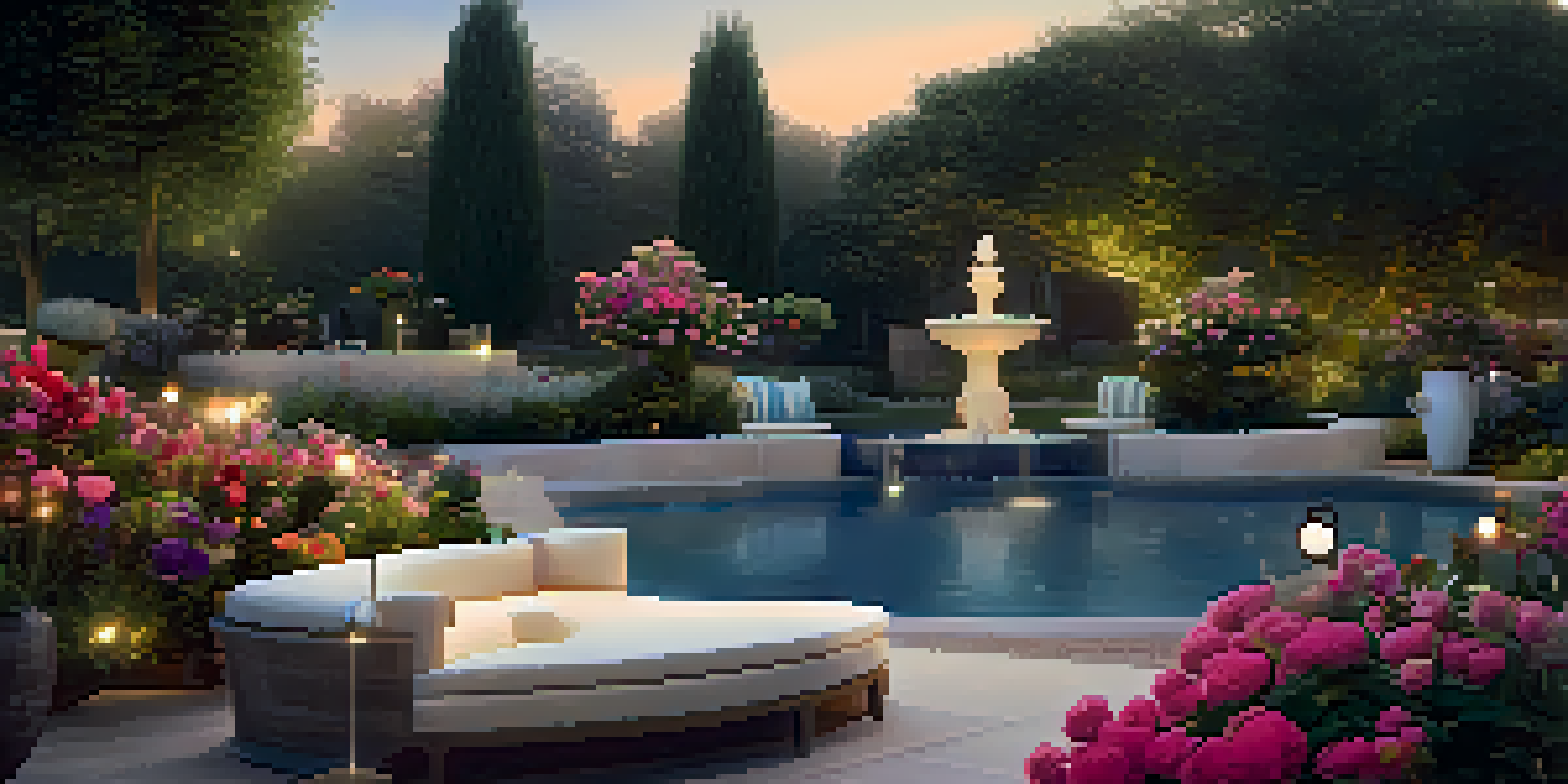 A tranquil outdoor garden with colorful flowers, stylish seating, and soothing fountain under soft dusk lighting.