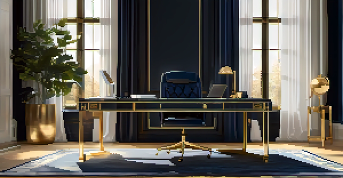 A luxurious workspace with a wooden desk, high-end laptop, gold-plated pen, and stylish notebook, illuminated by soft daylight from a large window.