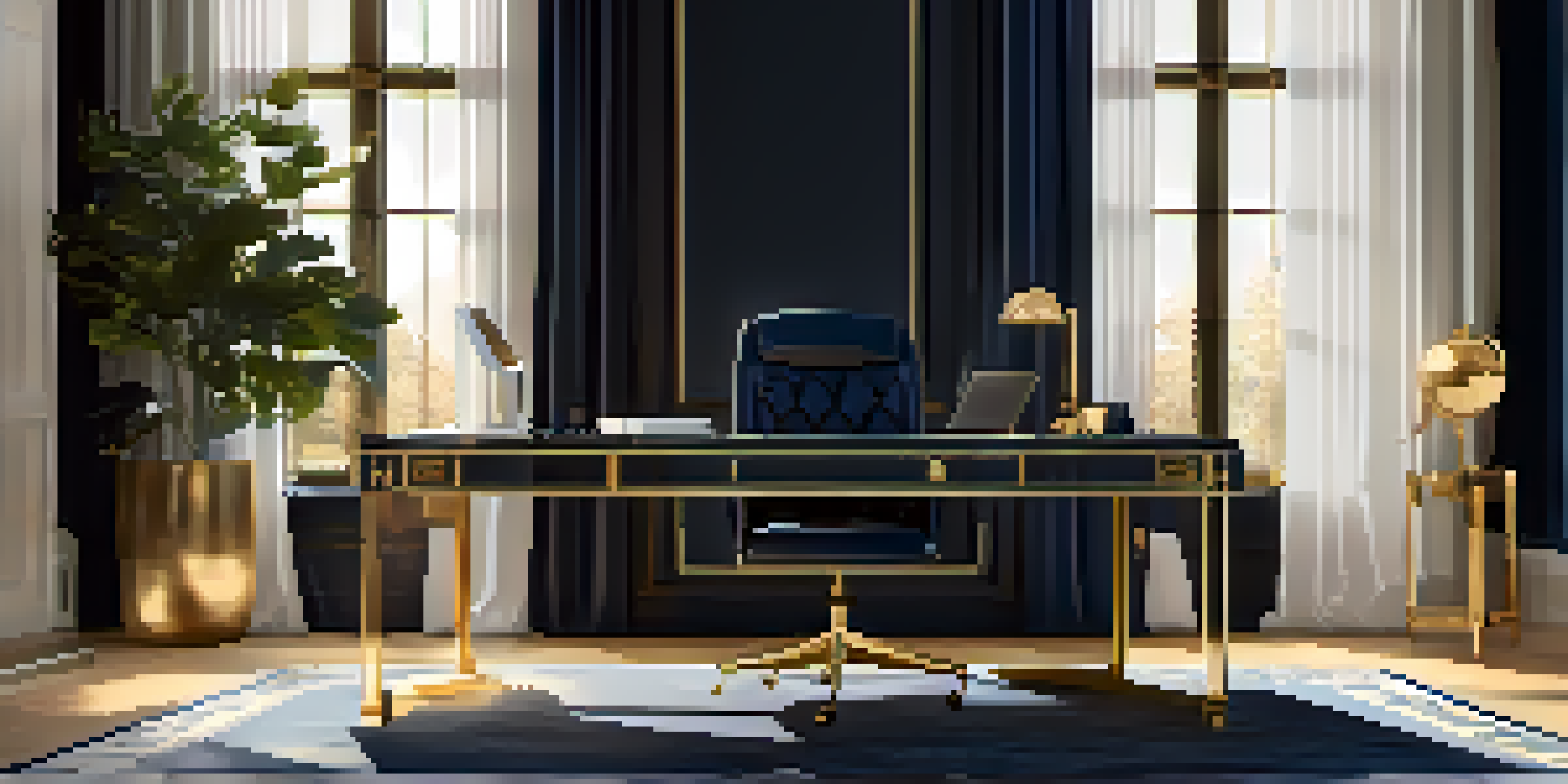 A luxurious workspace with a wooden desk, high-end laptop, gold-plated pen, and stylish notebook, illuminated by soft daylight from a large window.