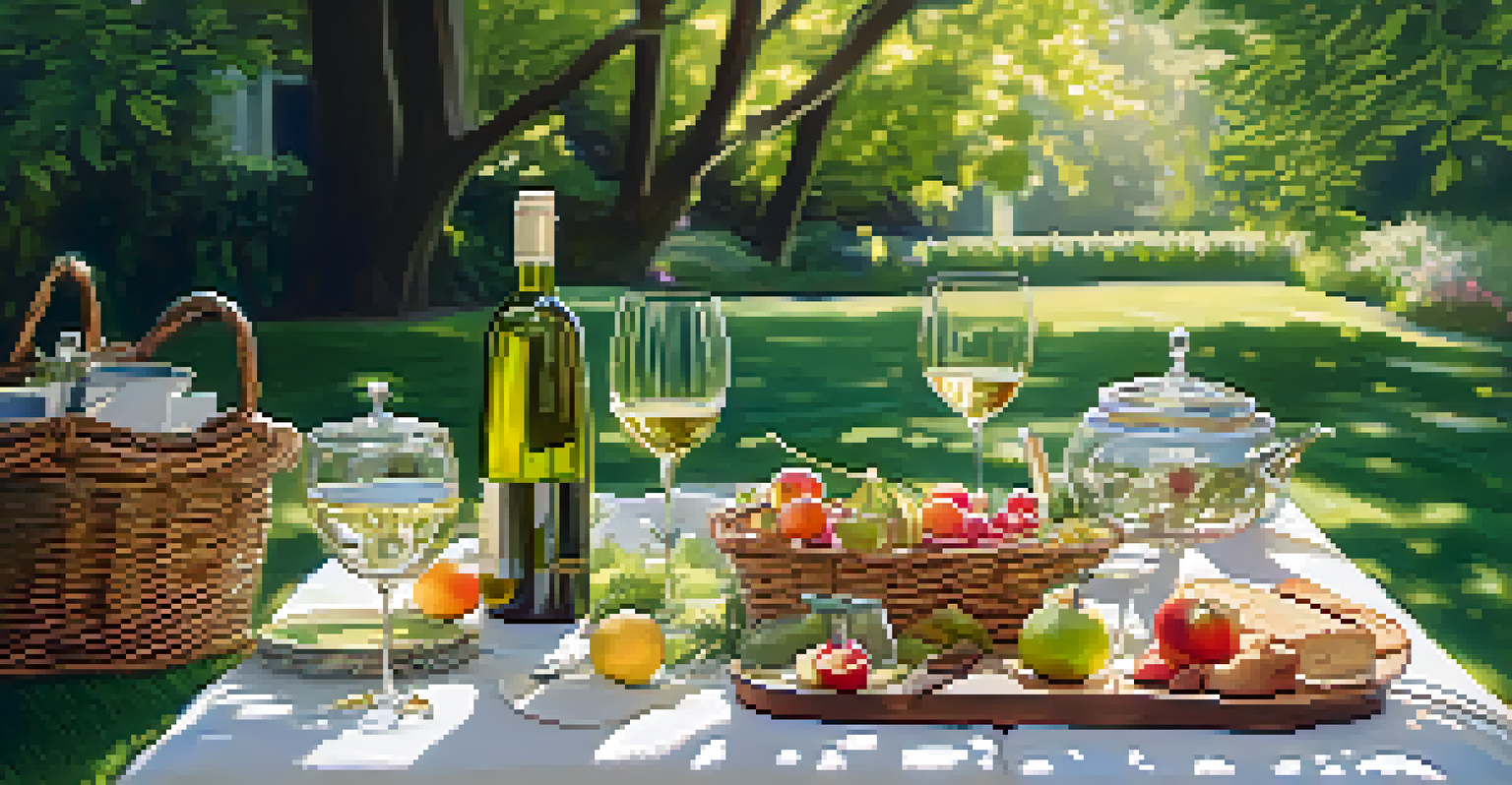 An outdoor picnic setup in a garden with elegant tableware, gourmet food, and wine, surrounded by lush greenery.