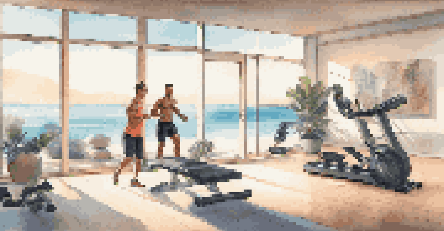 A modern fitness room with high-tech equipment and a personal trainer guiding a guest, with an ocean view.