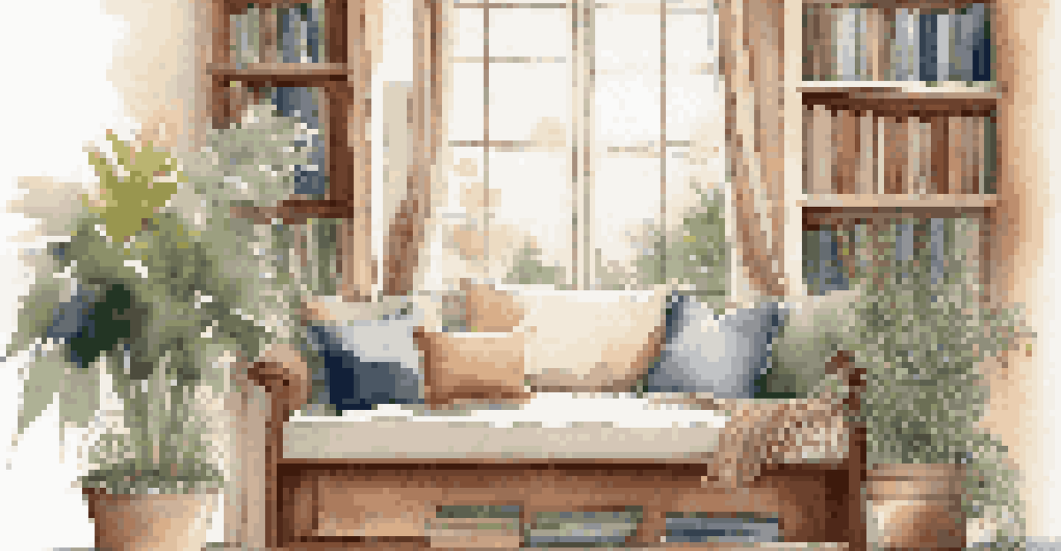 A cozy reading nook with a window seat filled with cushions, a small bookshelf, and indoor plants, illuminated by natural light.