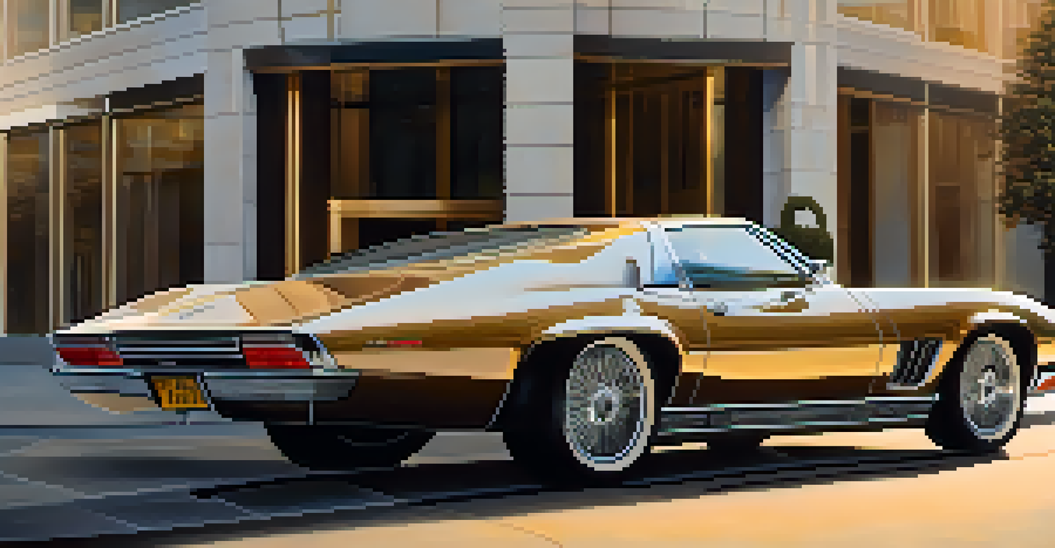 A luxury car parked in front of a modern building, illuminated by golden hour light, emphasizing its sleek design.
