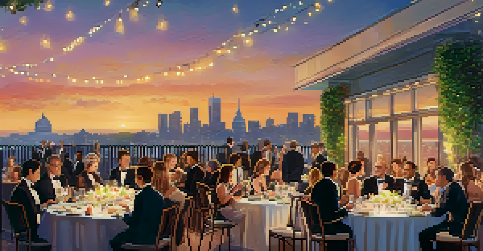 A charity gala on a rooftop terrace at sunset, featuring guests enjoying food and drinks with a city skyline view.