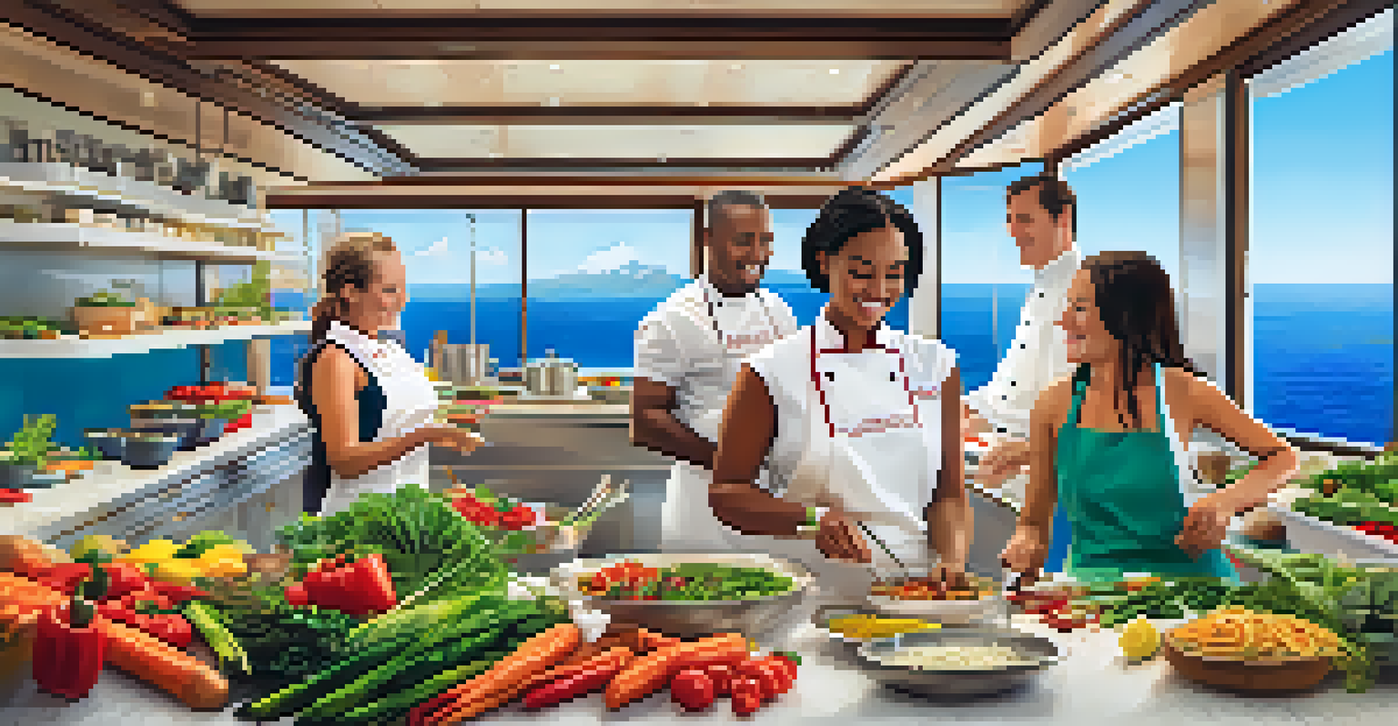 Solo travelers in a cooking class on a luxury cruise, learning to prepare dishes with a professional chef.