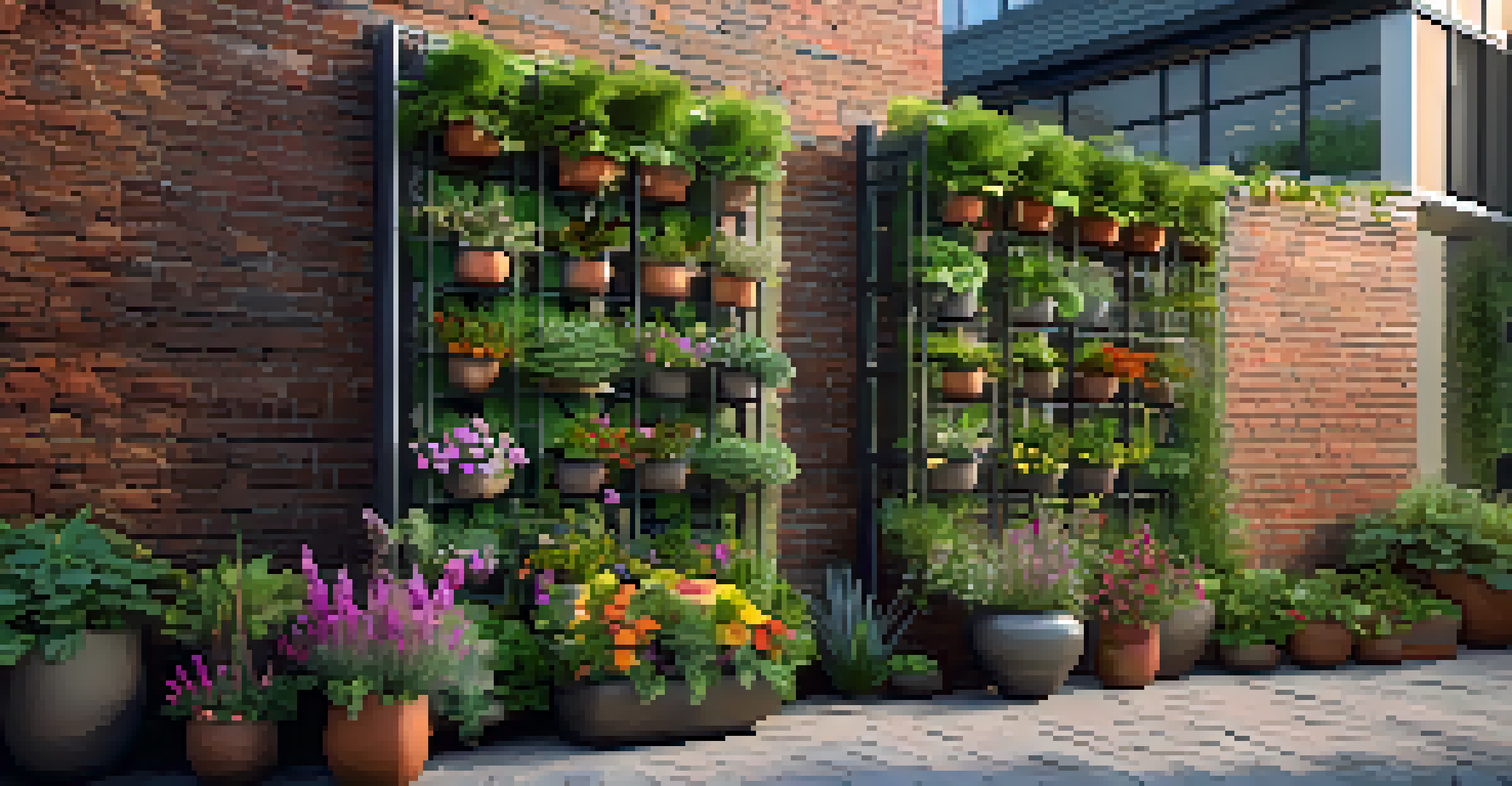 A vertical garden with vibrant flowers and lush greenery on a trellis against a brick wall, illuminated by sunlight.