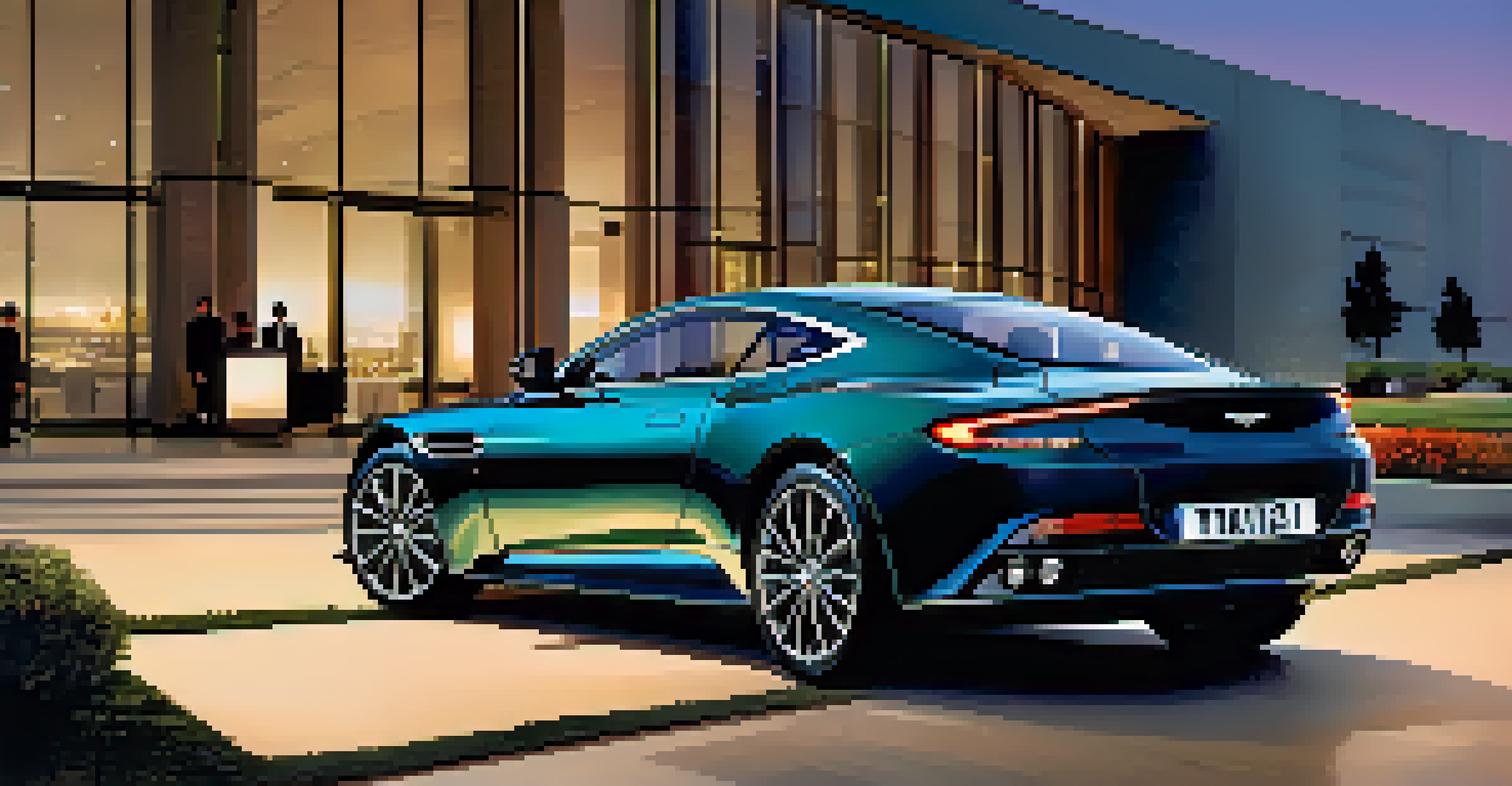 An Aston Martin parked in front of a corporate building at twilight with professionals admiring it.